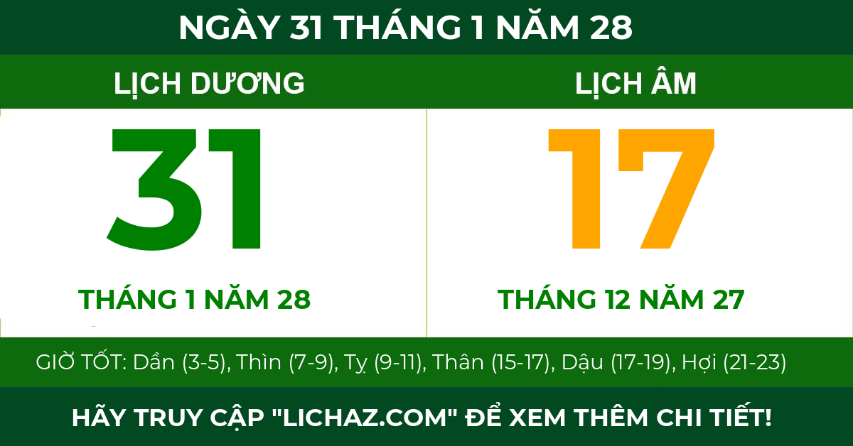 lịch âm ngày 31 tháng 1 năm 28