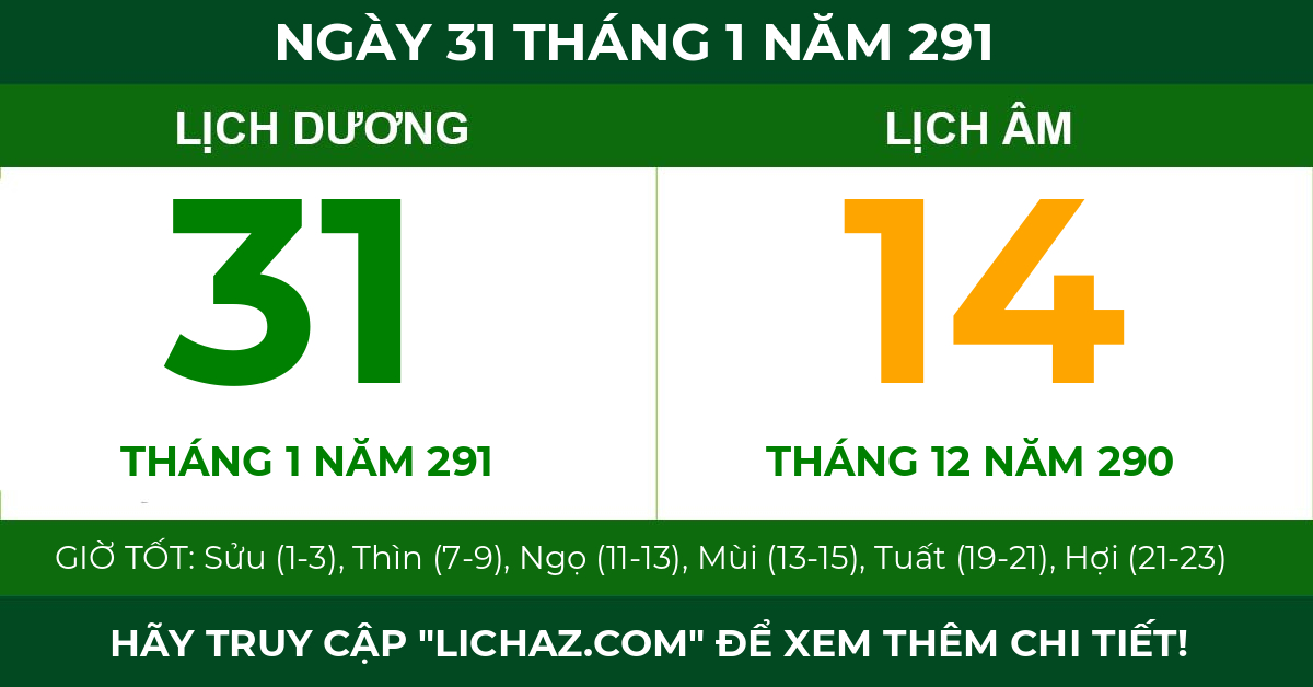 lịch âm ngày 31 tháng 1 năm 291