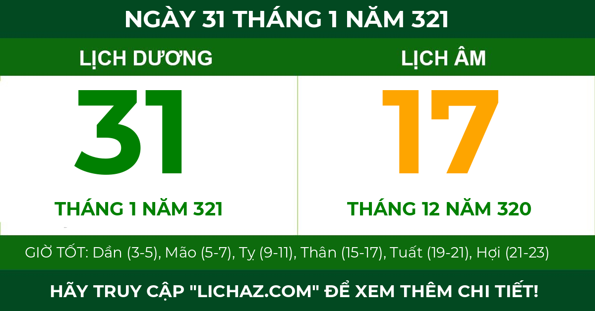 lịch âm ngày 31 tháng 1 năm 321
