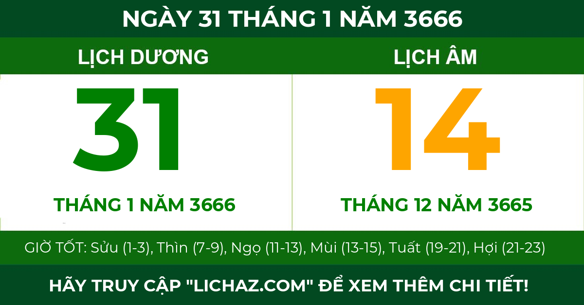 lịch âm ngày 31 tháng 1 năm 3666