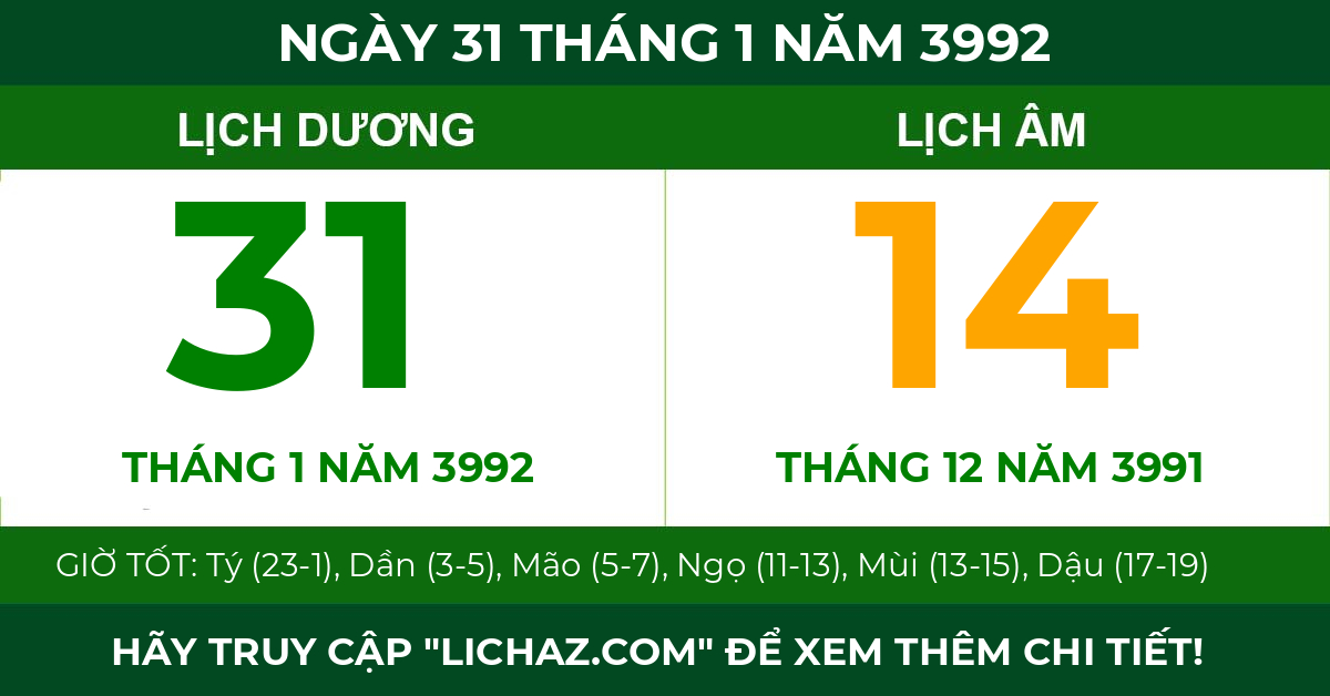 lịch âm ngày 31 tháng 1 năm 3992