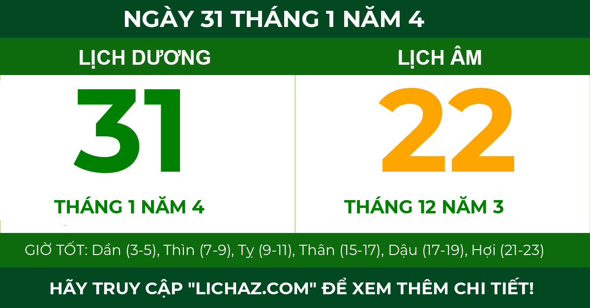 lịch âm ngày 31 tháng 1 năm 4