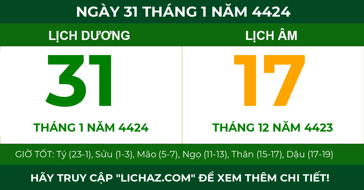 lịch âm ngày 31 tháng 1 năm 4424