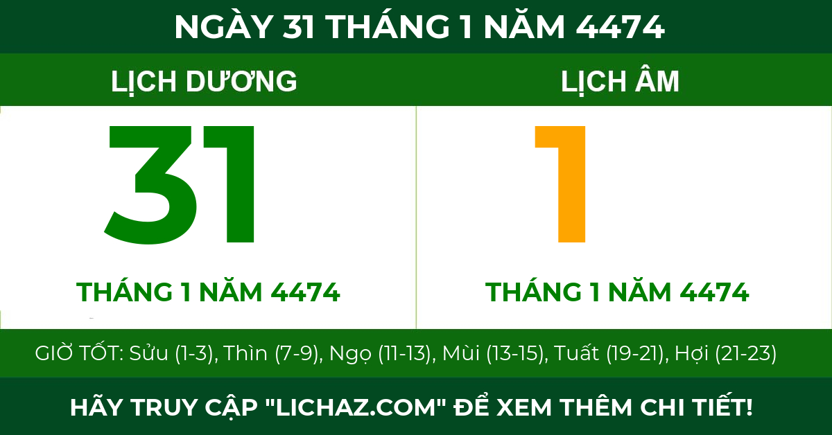 lịch âm ngày 31 tháng 1 năm 4474