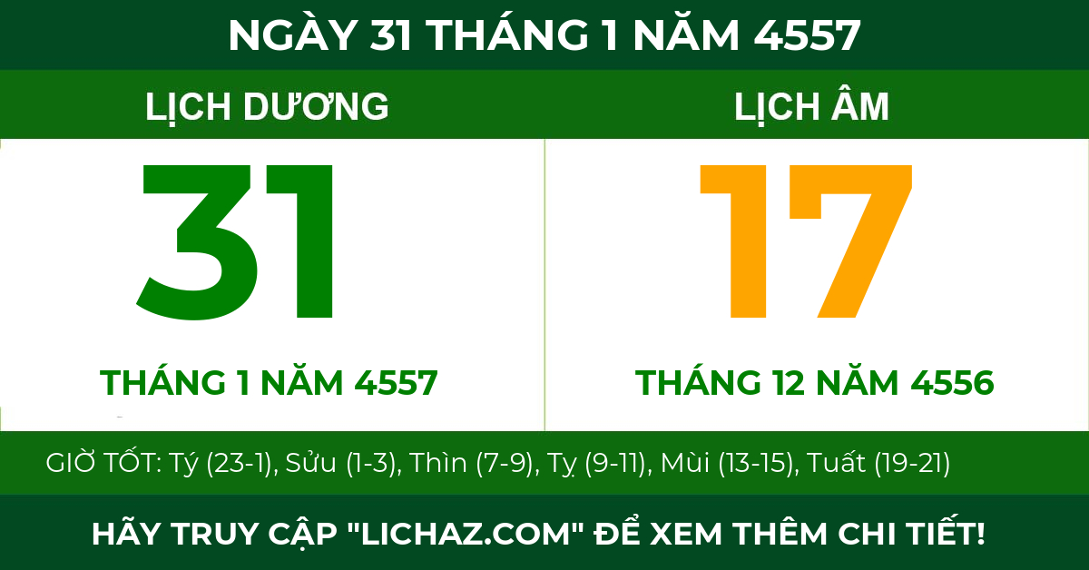 lịch âm ngày 31 tháng 1 năm 4557
