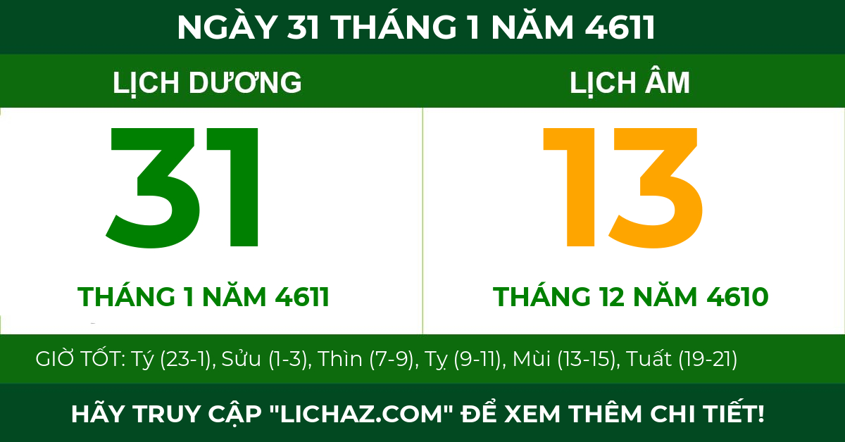 lịch âm ngày 31 tháng 1 năm 4611