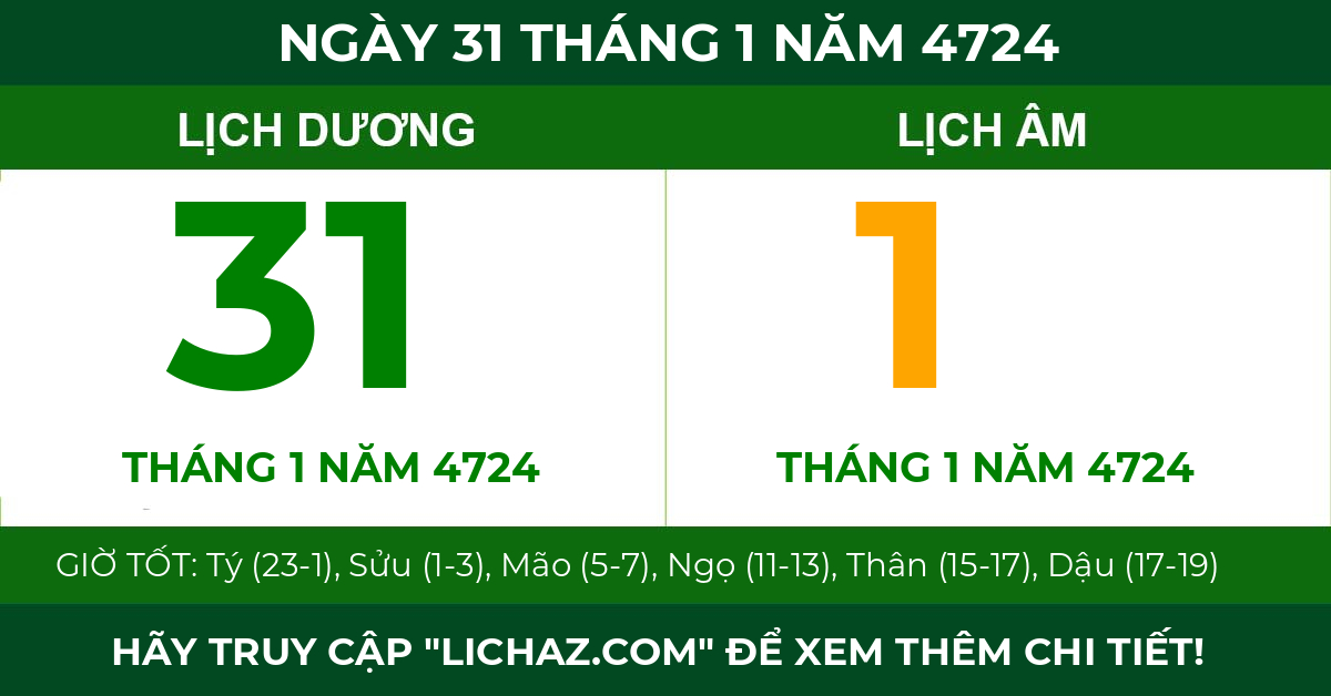 lịch âm ngày 31 tháng 1 năm 4724