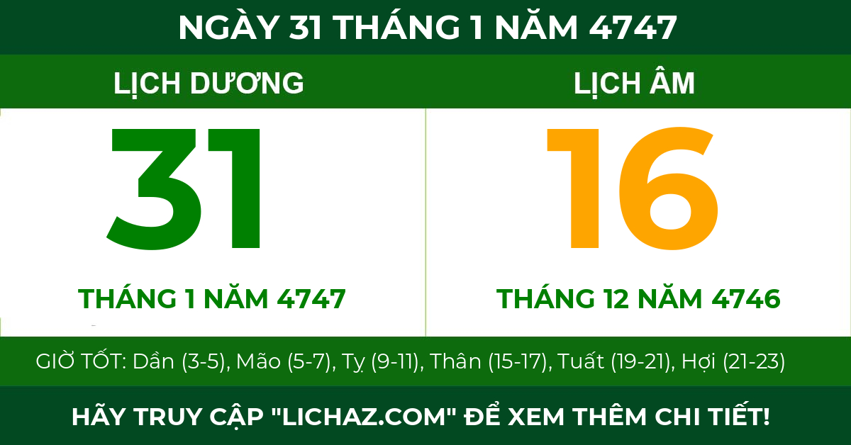 lịch âm ngày 31 tháng 1 năm 4747