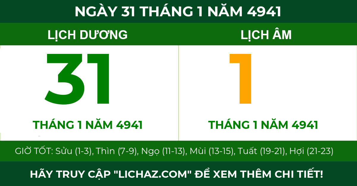 lịch âm ngày 31 tháng 1 năm 4941