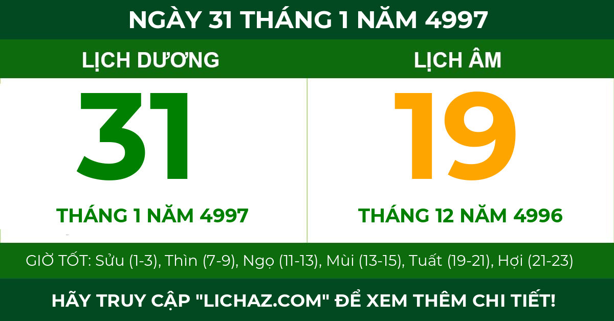 lịch âm ngày 31 tháng 1 năm 4997