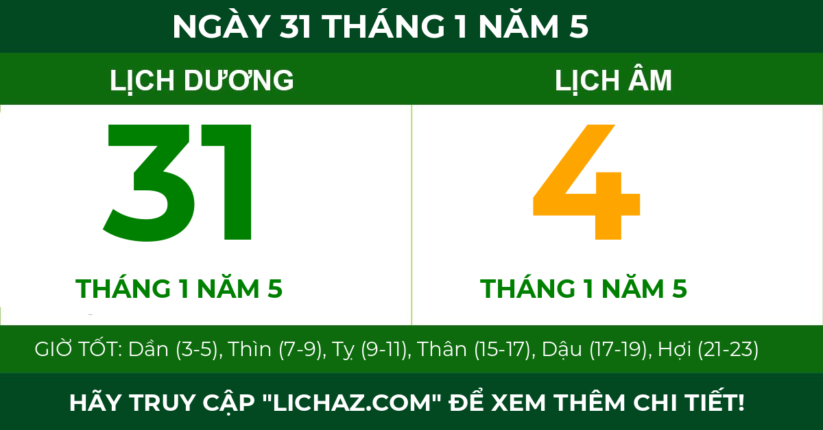 lịch âm ngày 31 tháng 1 năm 5