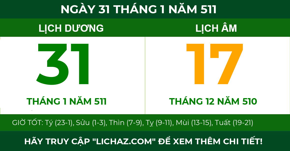 lịch âm ngày 31 tháng 1 năm 511