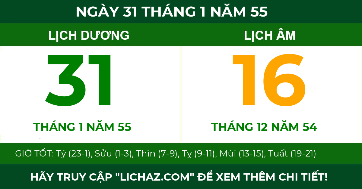 lịch âm ngày 31 tháng 1 năm 55