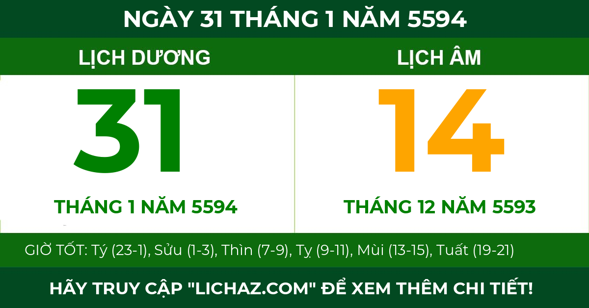 lịch âm ngày 31 tháng 1 năm 5594