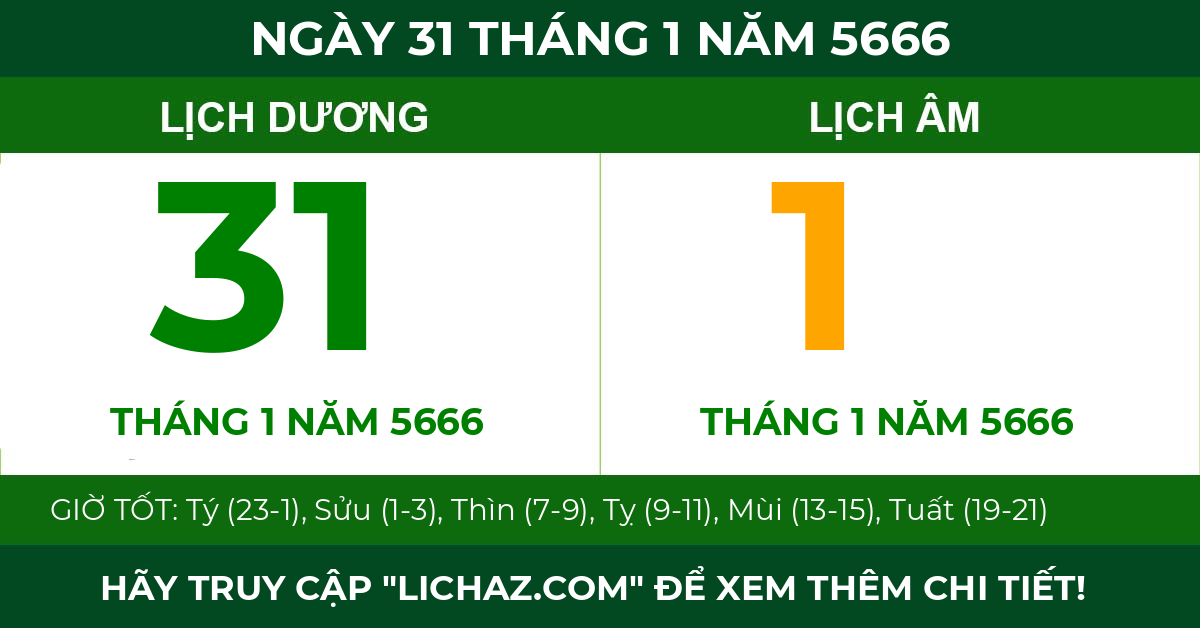 lịch âm ngày 31 tháng 1 năm 5666