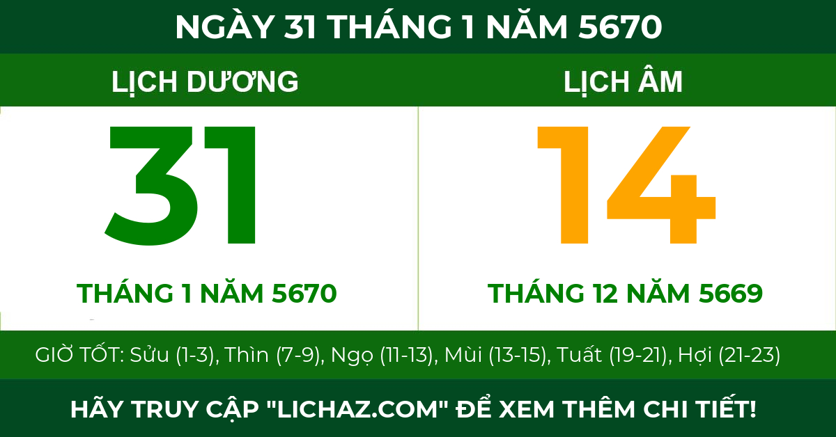 lịch âm ngày 31 tháng 1 năm 5670