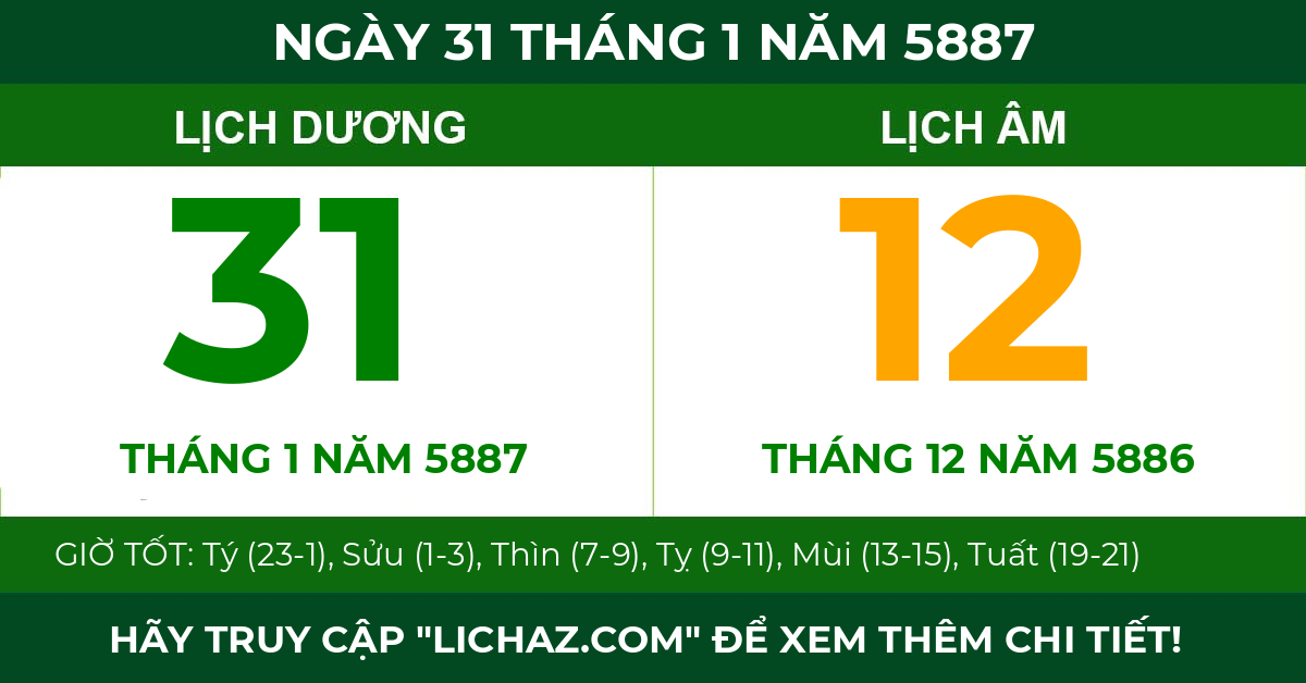 lịch âm ngày 31 tháng 1 năm 5887
