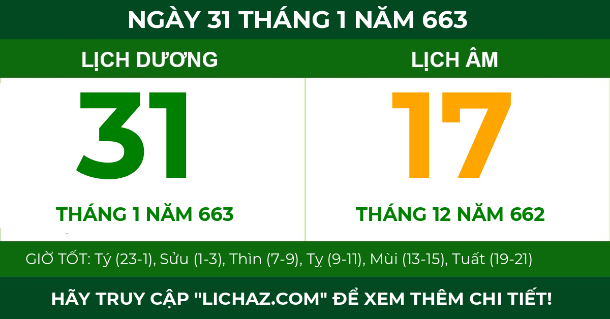 lịch âm ngày 31 tháng 1 năm 663