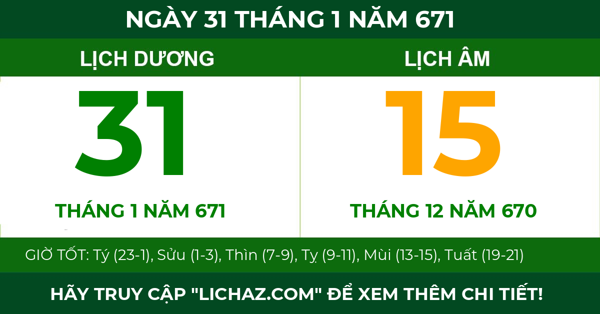 lịch âm ngày 31 tháng 1 năm 671