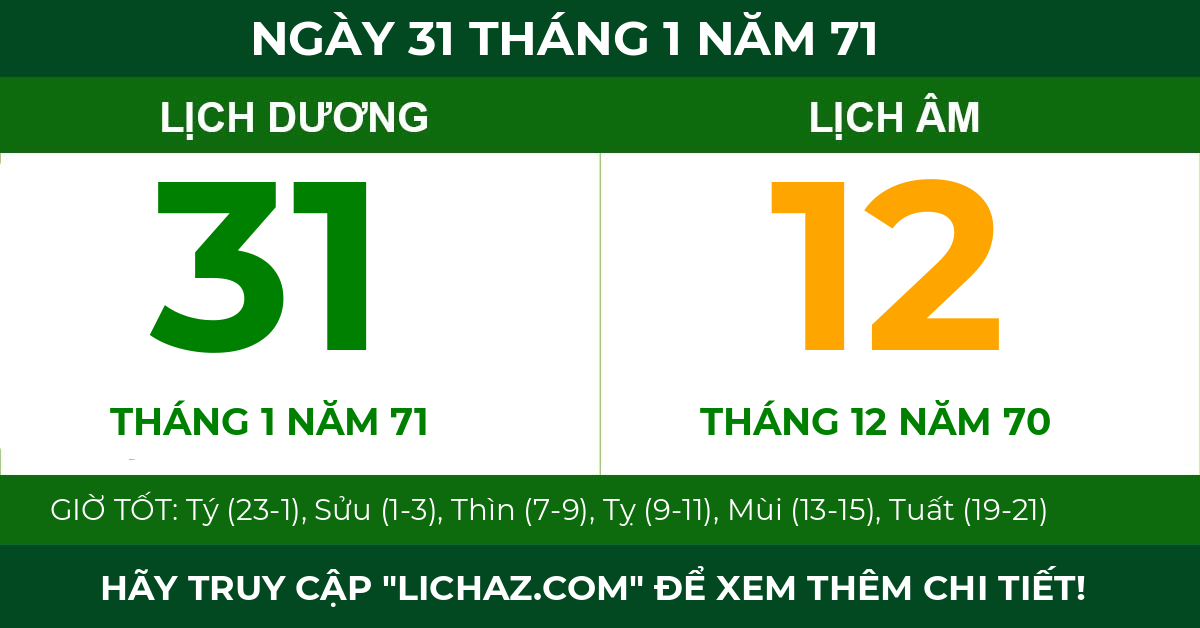 lịch âm ngày 31 tháng 1 năm 71