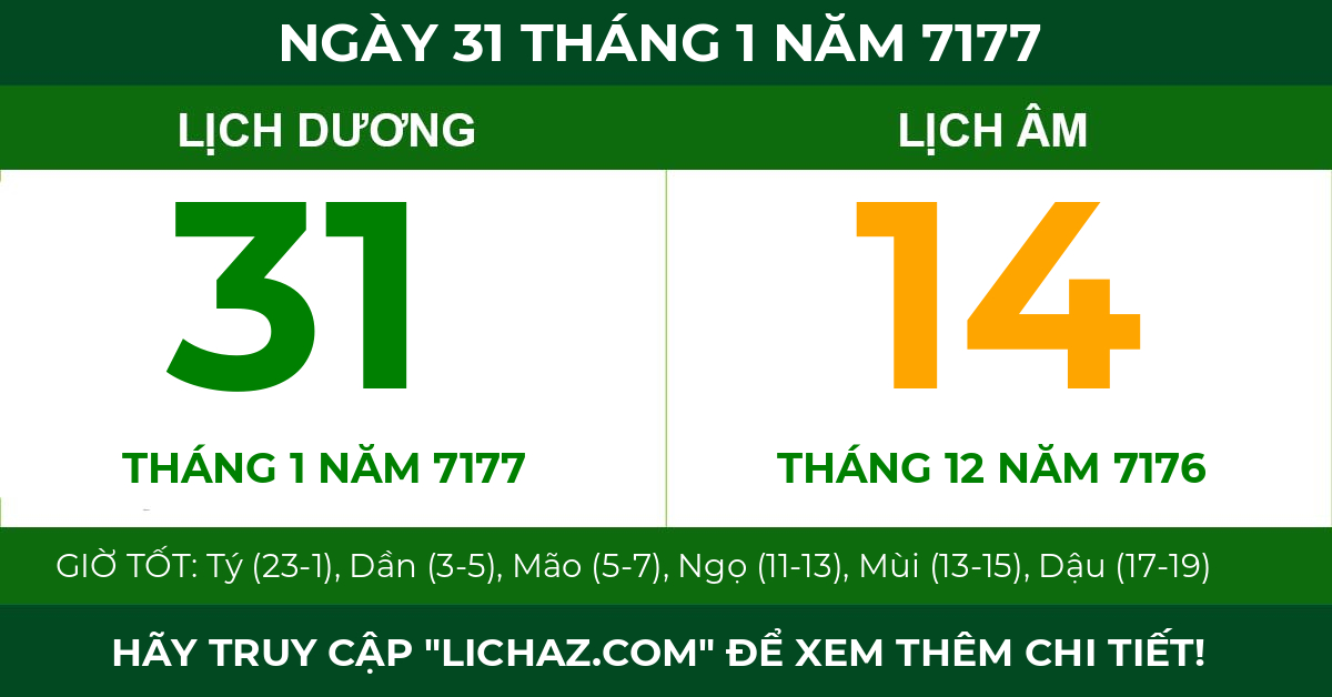 lịch âm ngày 31 tháng 1 năm 7177