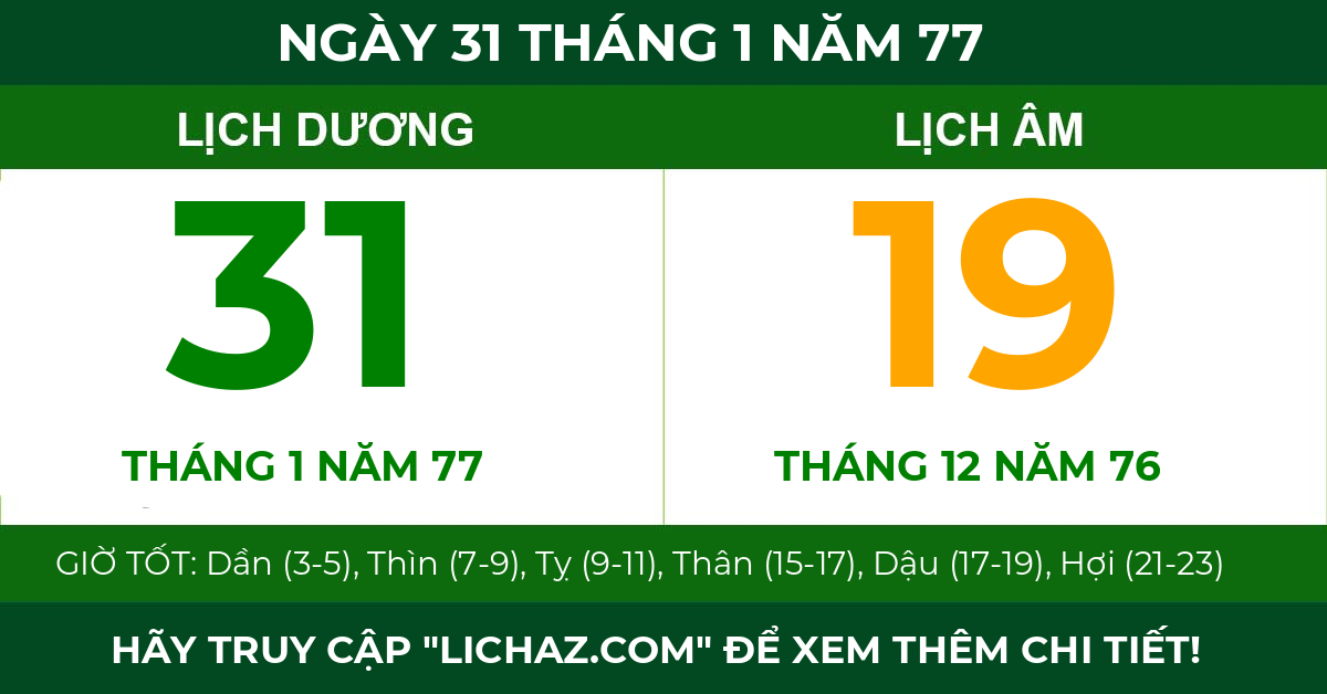 lịch âm ngày 31 tháng 1 năm 77