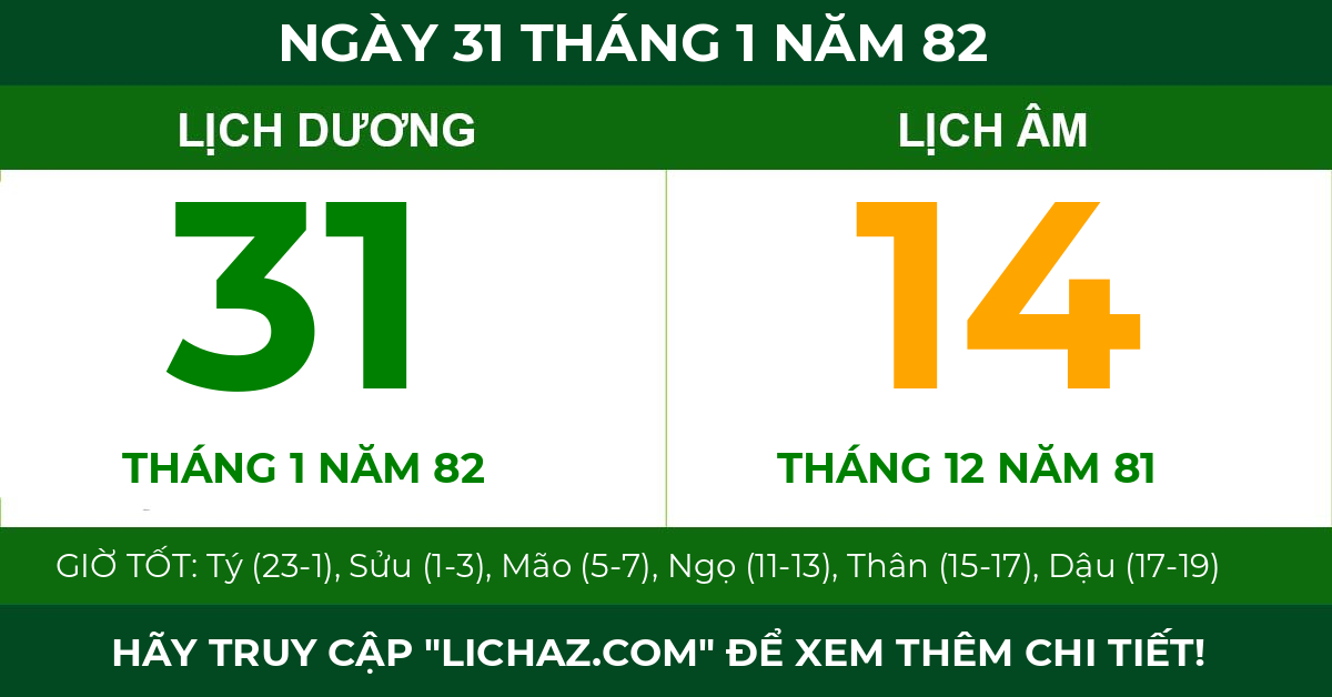 lịch âm ngày 31 tháng 1 năm 82
