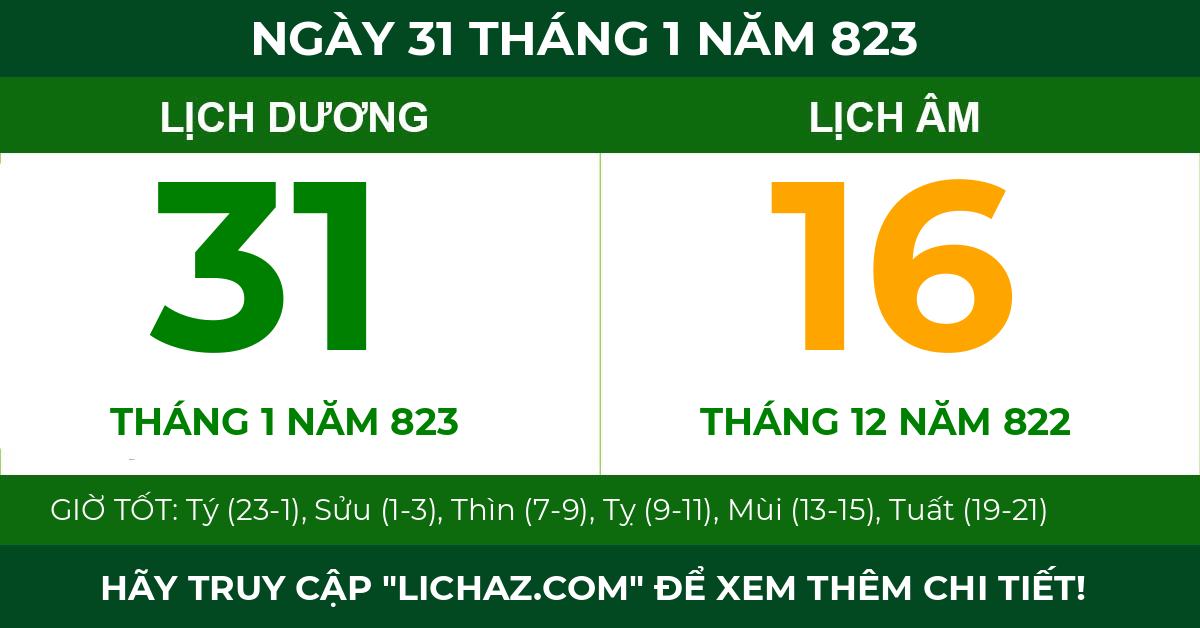 lịch âm ngày 31 tháng 1 năm 823