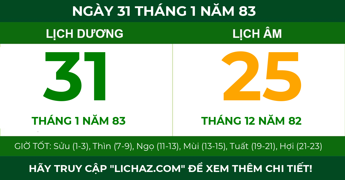 lịch âm ngày 31 tháng 1 năm 83