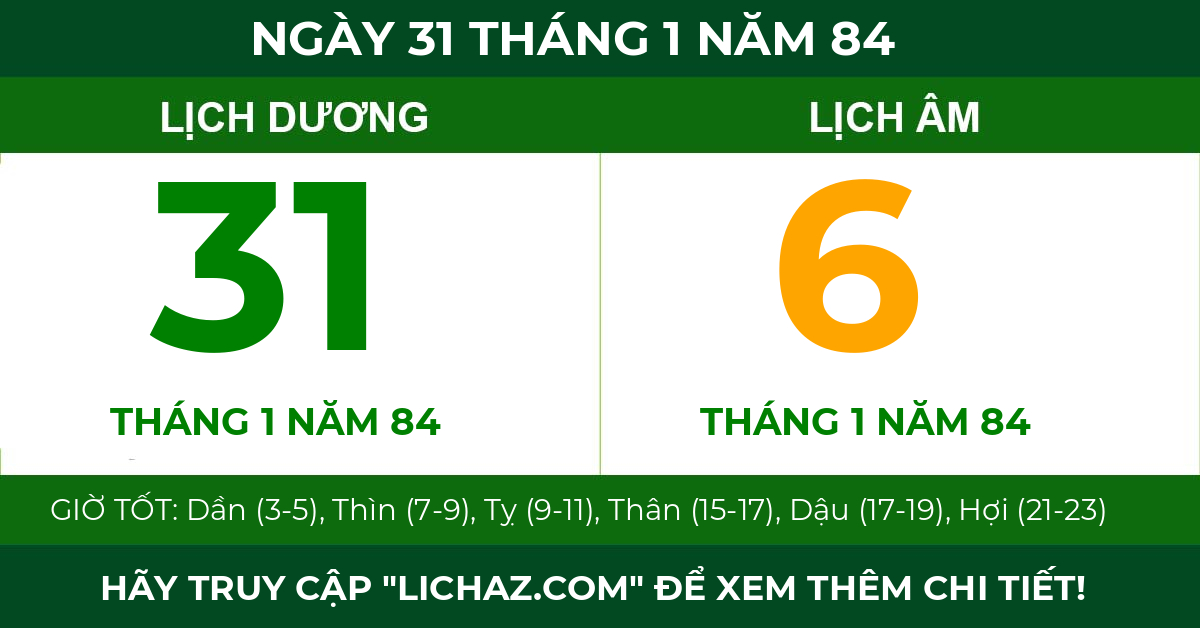 lịch âm ngày 31 tháng 1 năm 84