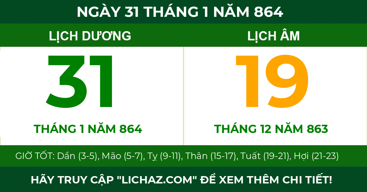 lịch âm ngày 31 tháng 1 năm 864