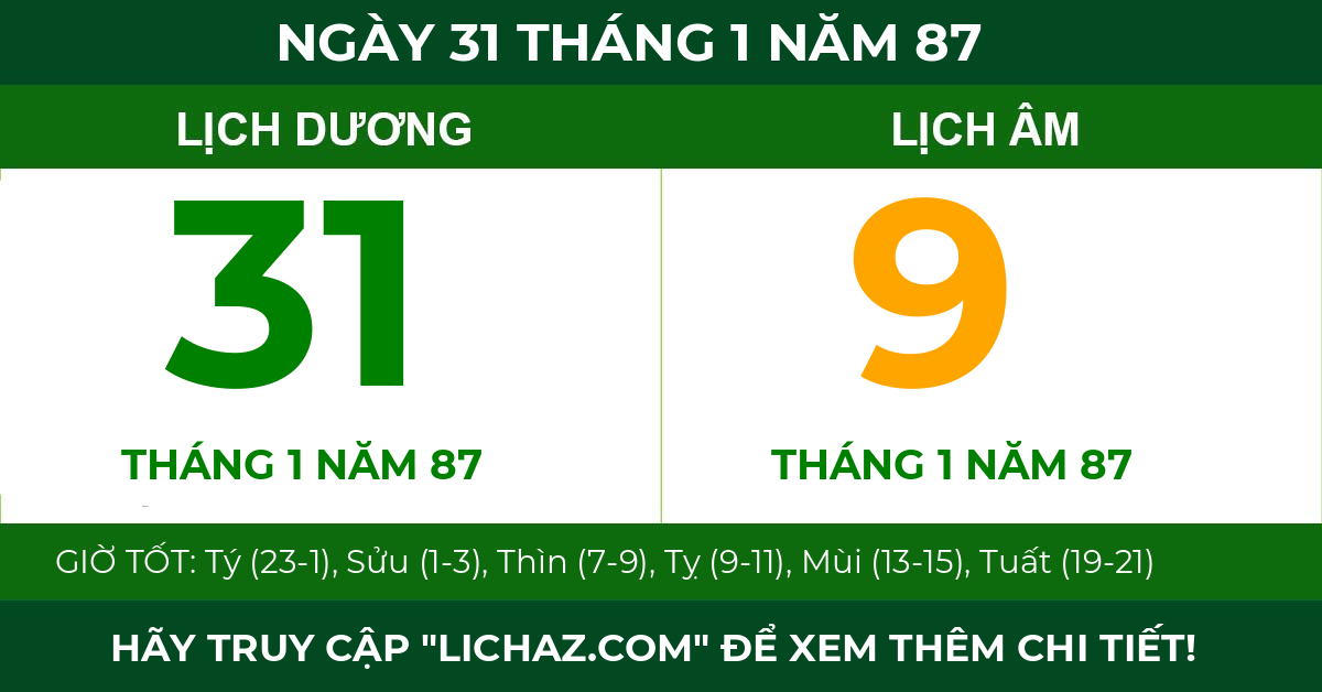 lịch âm ngày 31 tháng 1 năm 87