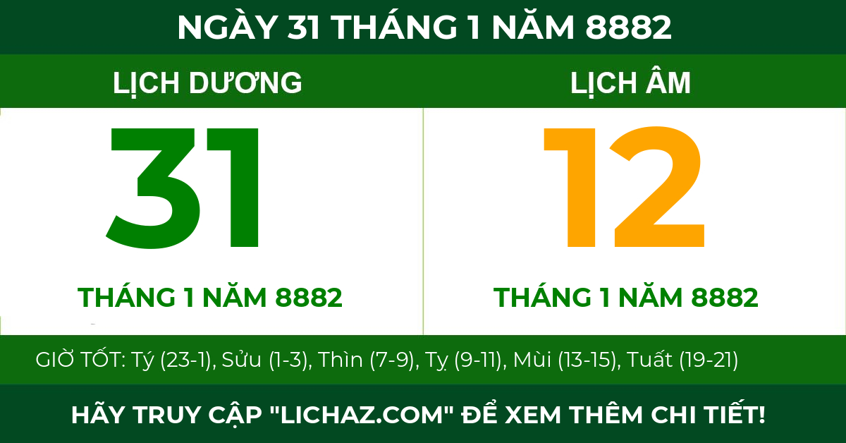 lịch âm ngày 31 tháng 1 năm 8882