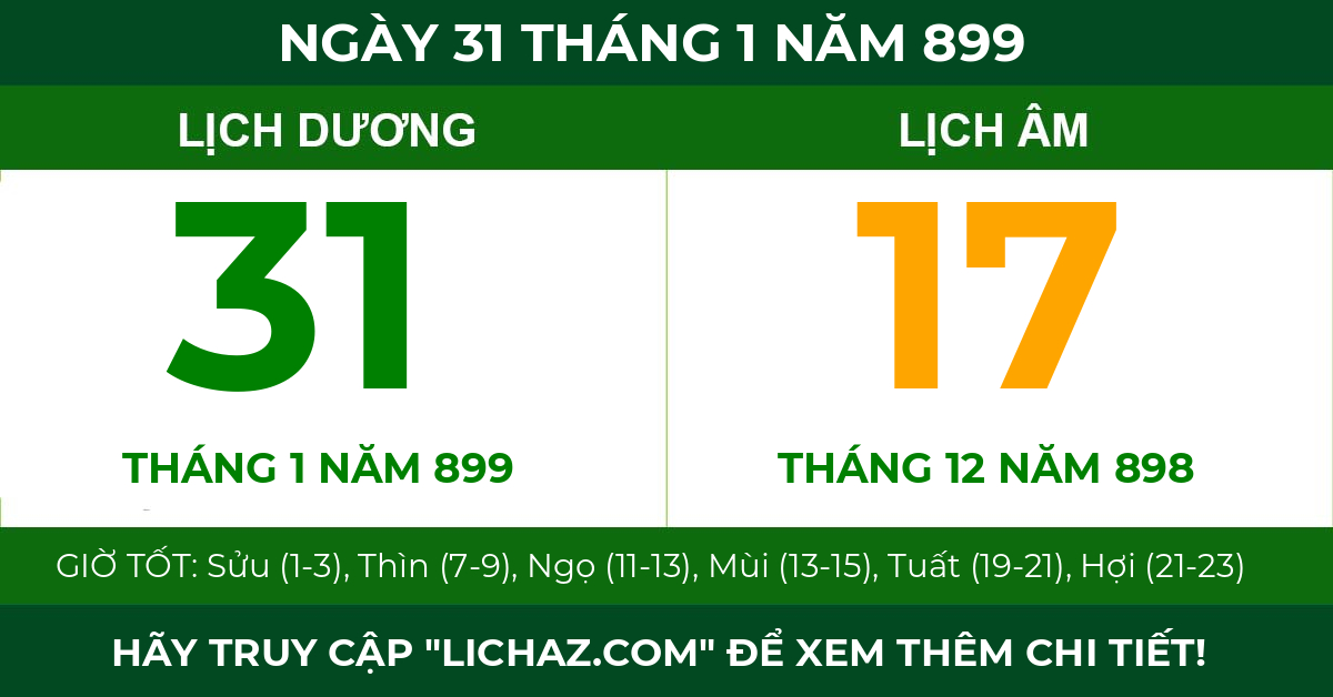 lịch âm ngày 31 tháng 1 năm 899