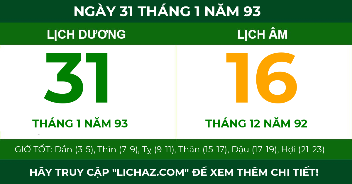 lịch âm ngày 31 tháng 1 năm 93
