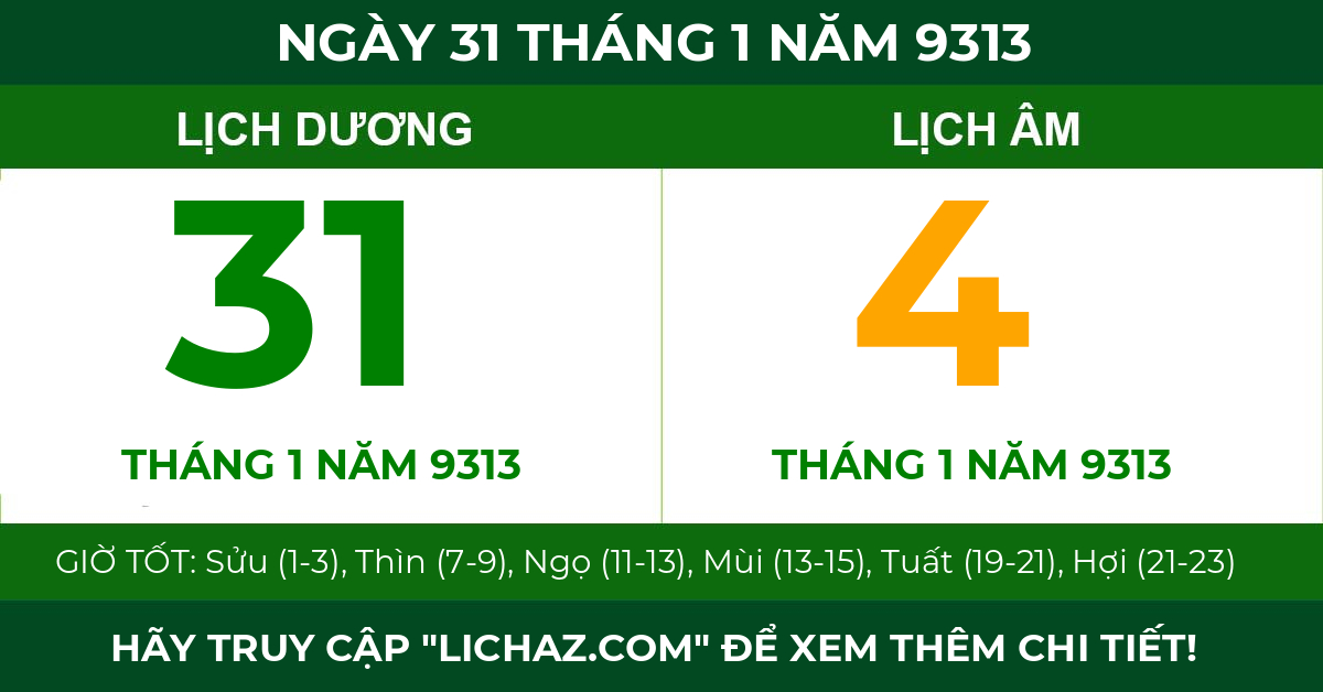 lịch âm ngày 31 tháng 1 năm 9313