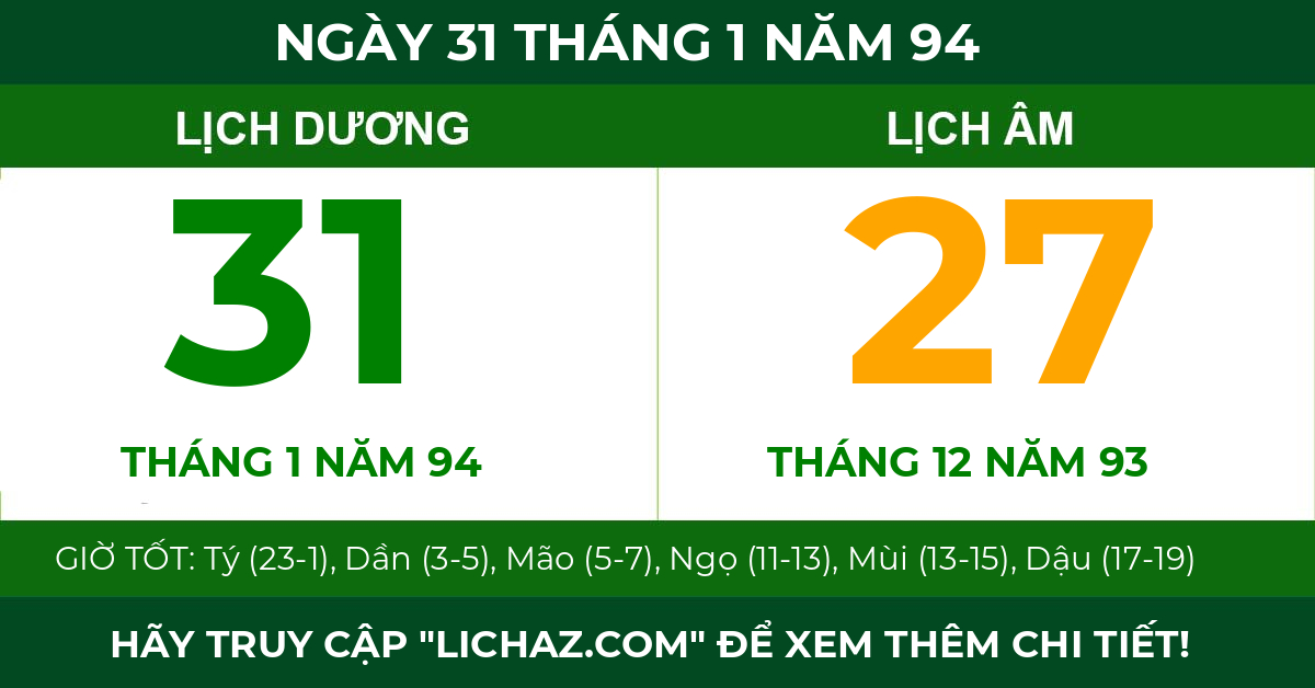 lịch âm ngày 31 tháng 1 năm 94