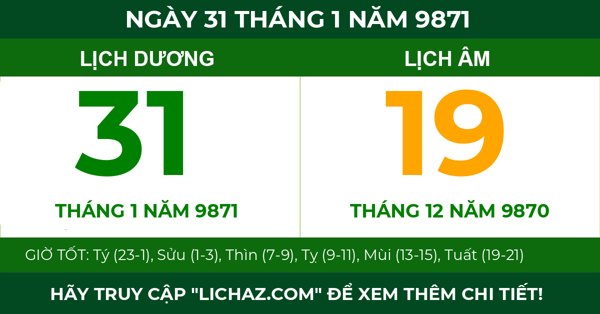 lịch âm ngày 31 tháng 1 năm 9871