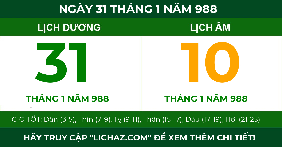 lịch âm ngày 31 tháng 1 năm 988