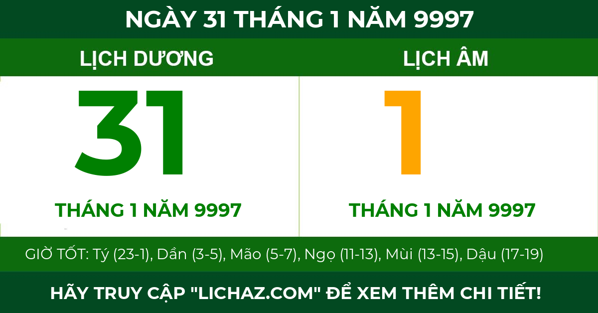 lịch âm ngày 31 tháng 1 năm 9997