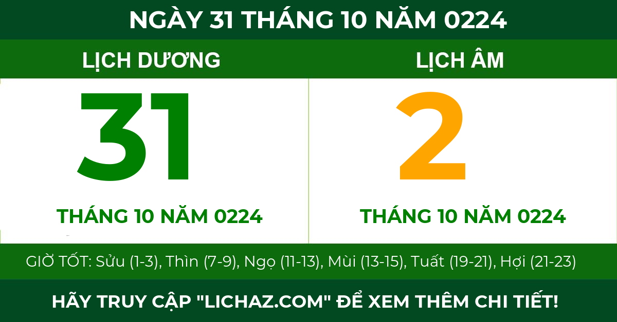 lịch âm ngày 31 tháng 10 năm 0224