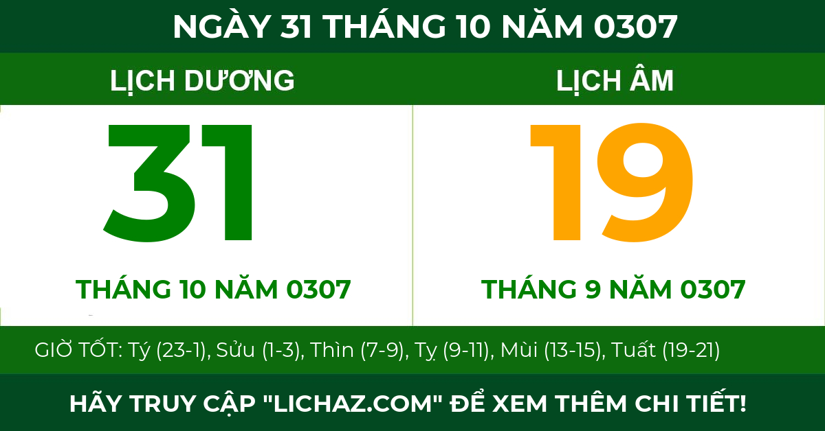 lịch âm ngày 31 tháng 10 năm 0307