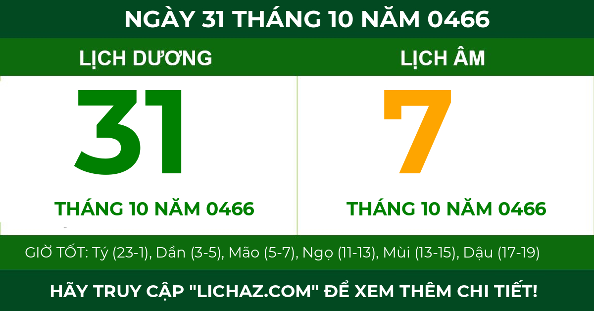 lịch âm ngày 31 tháng 10 năm 0466