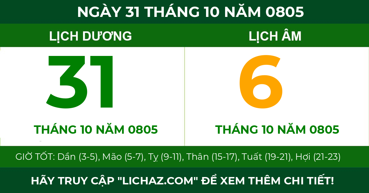 lịch âm ngày 31 tháng 10 năm 0805