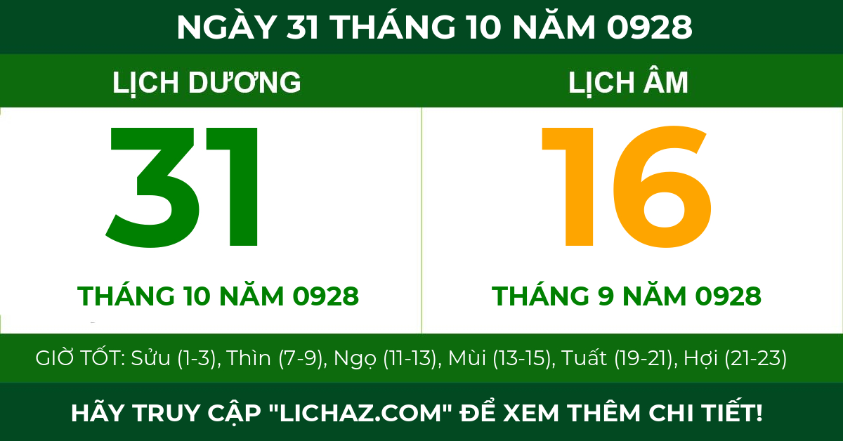 lịch âm ngày 31 tháng 10 năm 0928