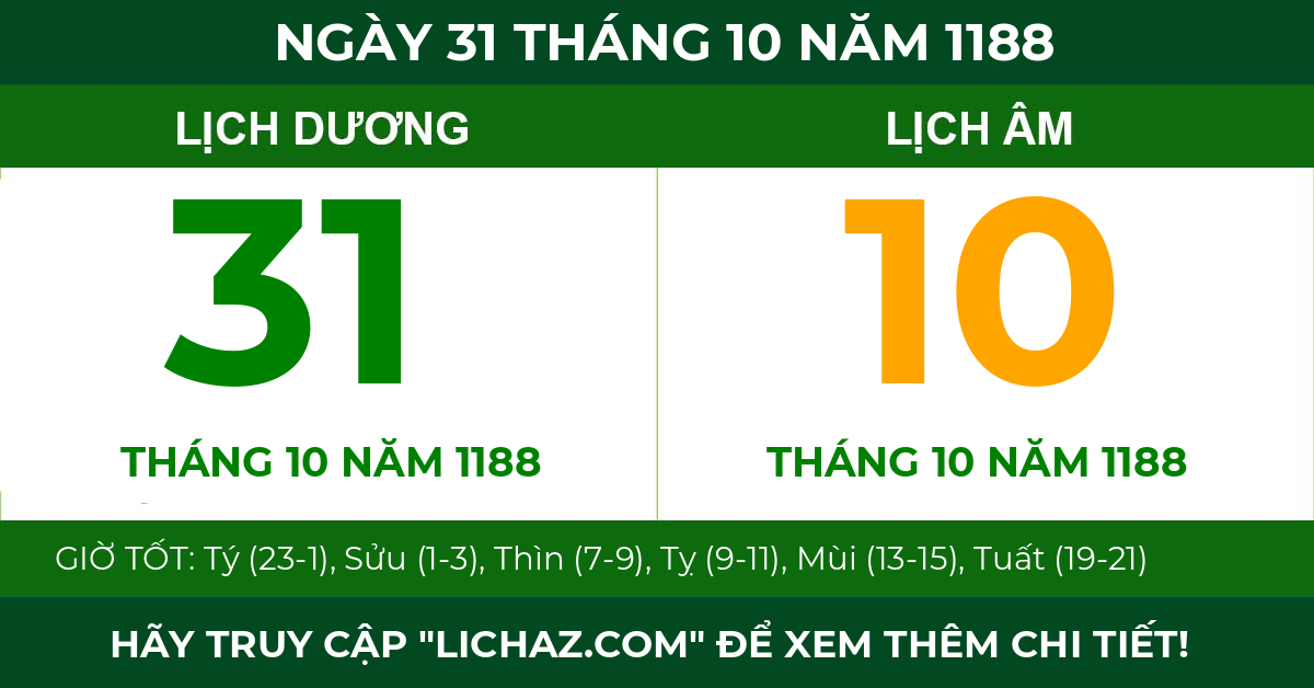 lịch âm ngày 31 tháng 10 năm 1188