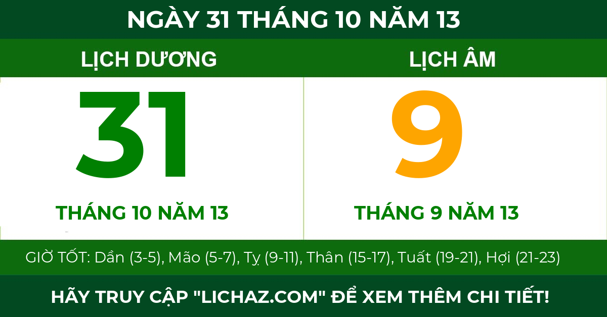 lịch âm ngày 31 tháng 10 năm 13