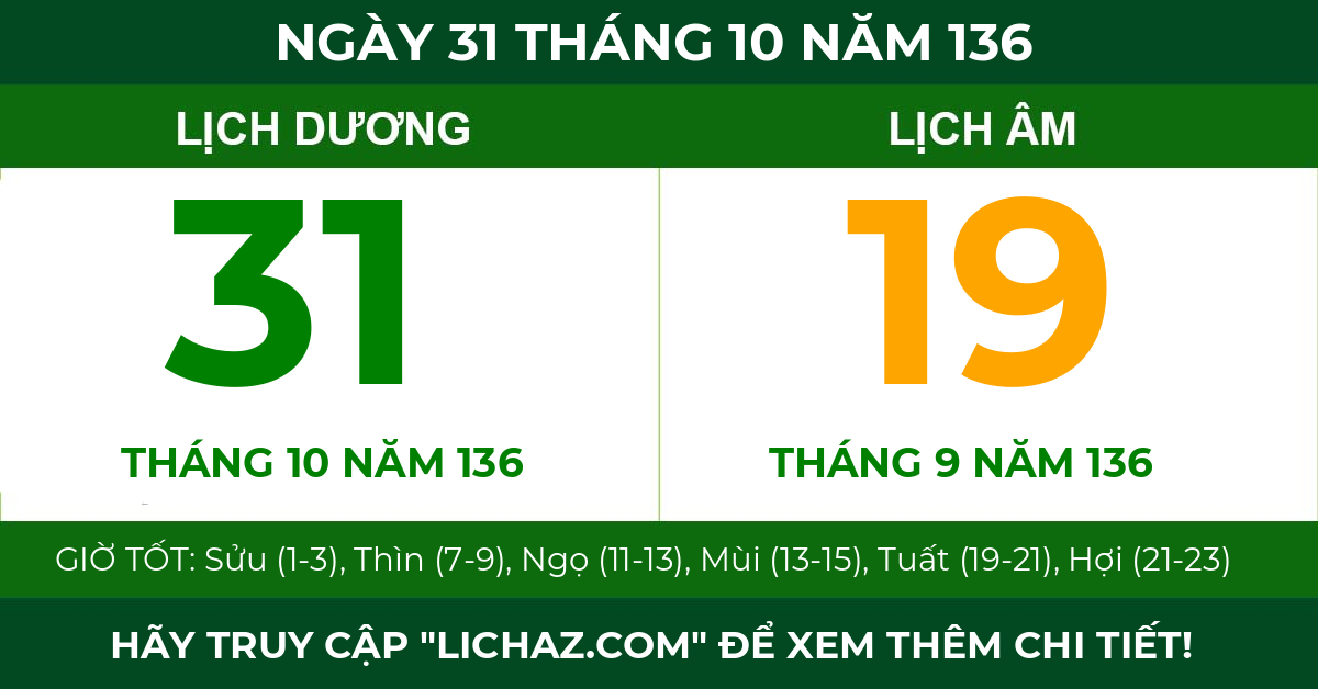 lịch âm ngày 31 tháng 10 năm 136