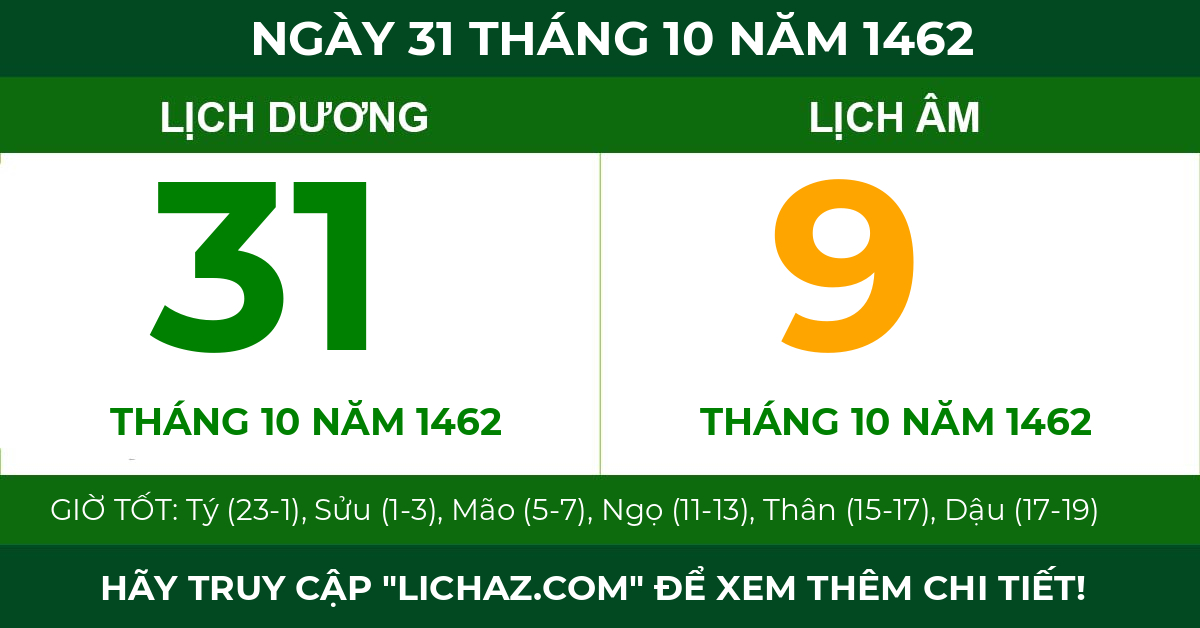 lịch âm ngày 31 tháng 10 năm 1462