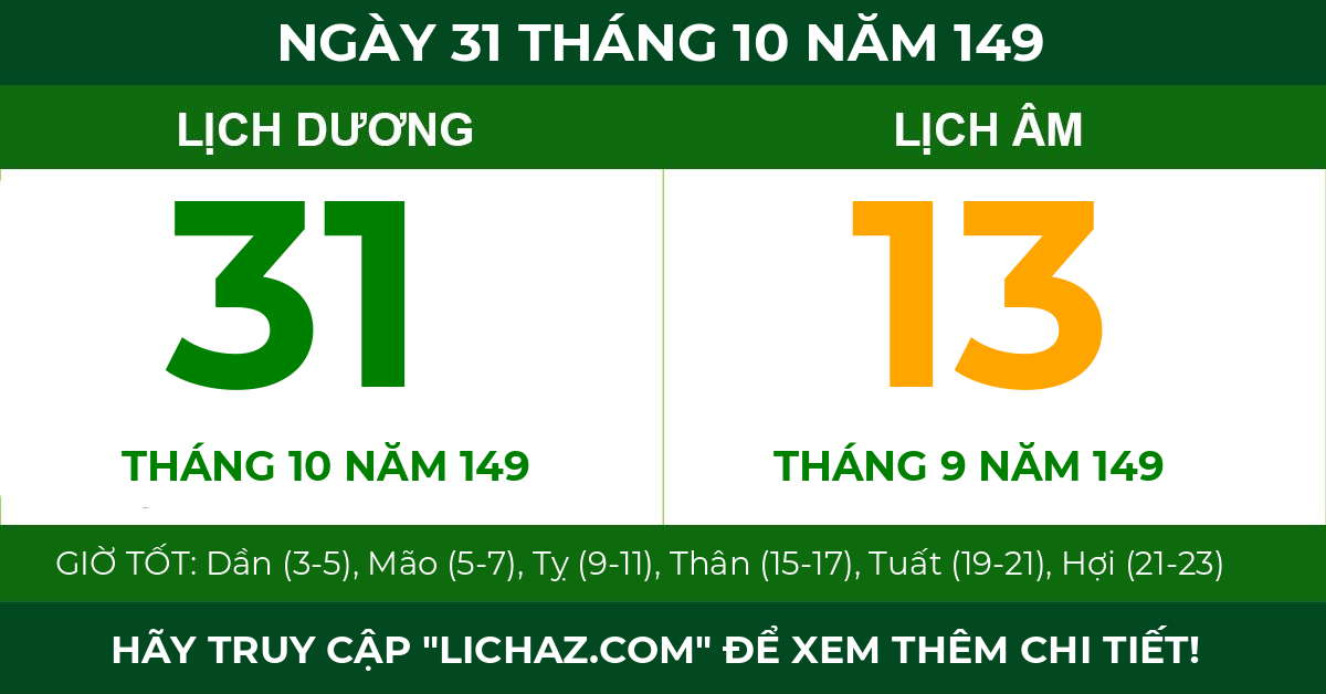 lịch âm ngày 31 tháng 10 năm 149